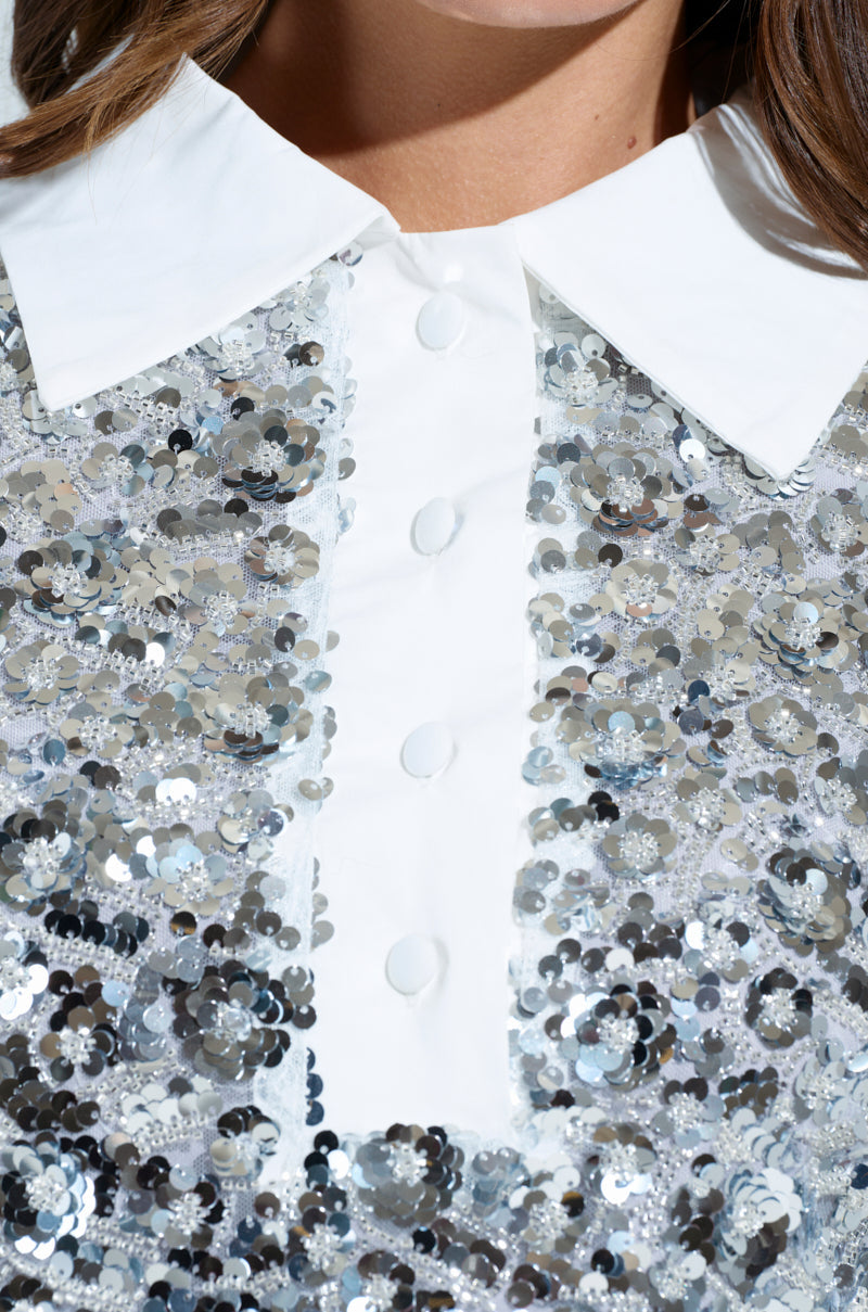 SO POSH BEADED SEQUIN SHIRT DRESS