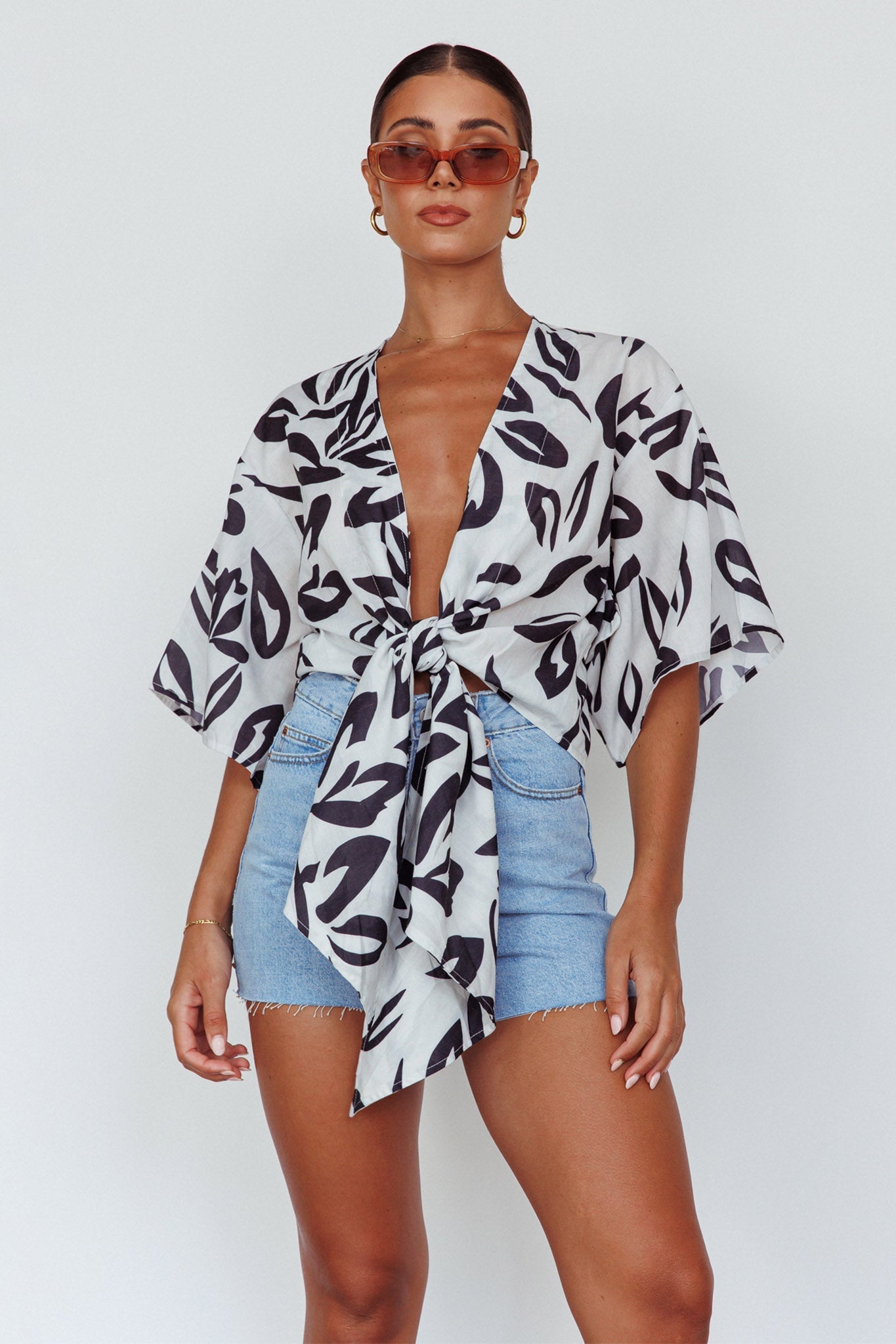 Rivera Deep-V Waist-Tie Top Leaves Black