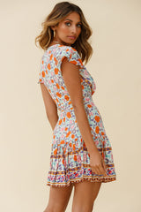 Mayan Angel Sleeve Waist Tie Wrap Dress Floral Print Mint/Pink