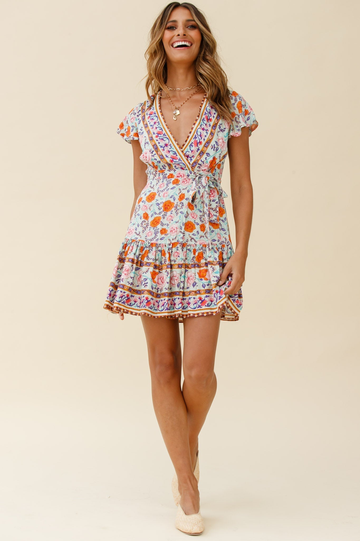 Mayan Angel Sleeve Waist Tie Wrap Dress Floral Print Mint/Pink