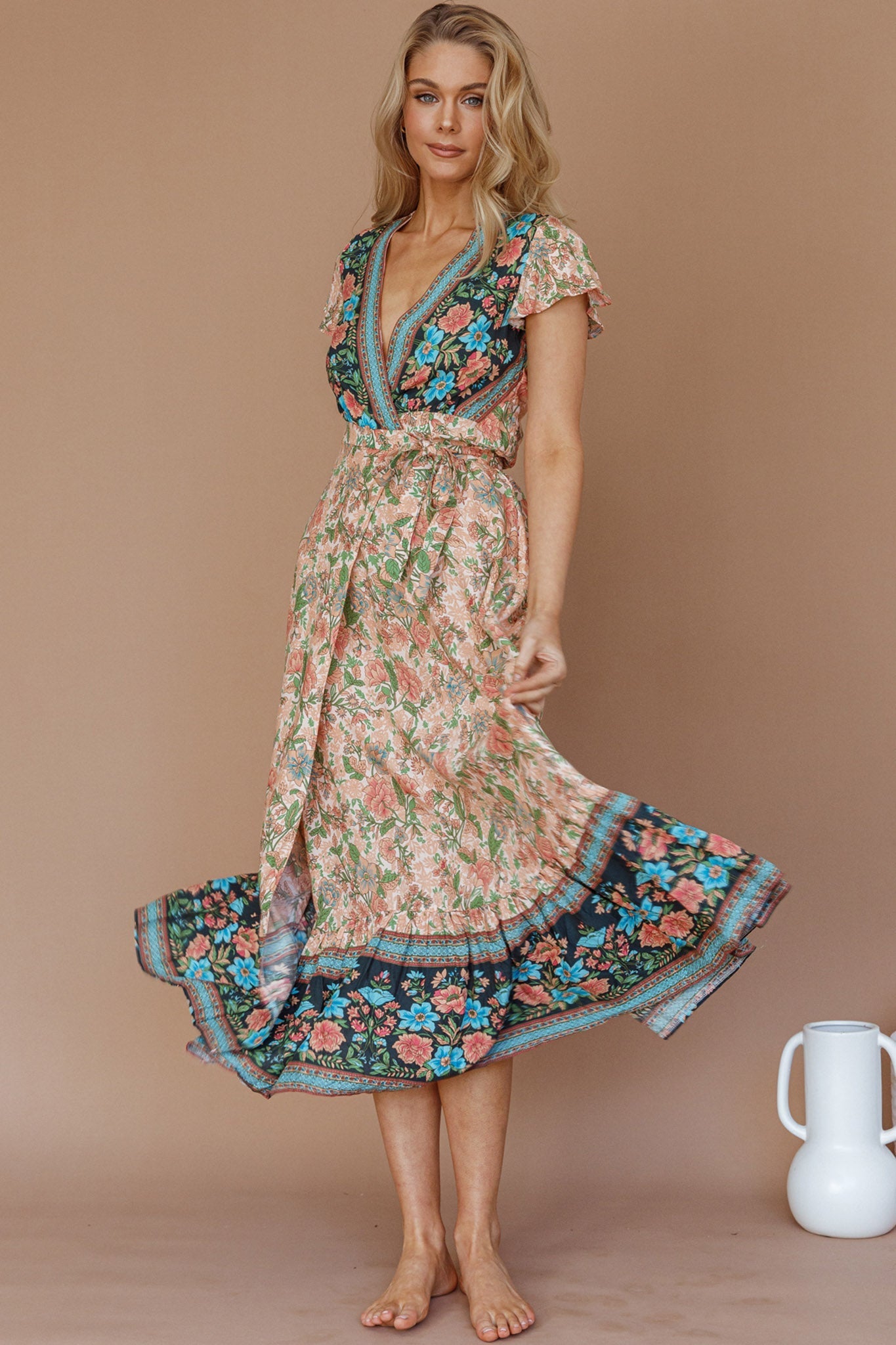 Mayan Angel Sleeve Wrap Midi Dress Floral Nude
