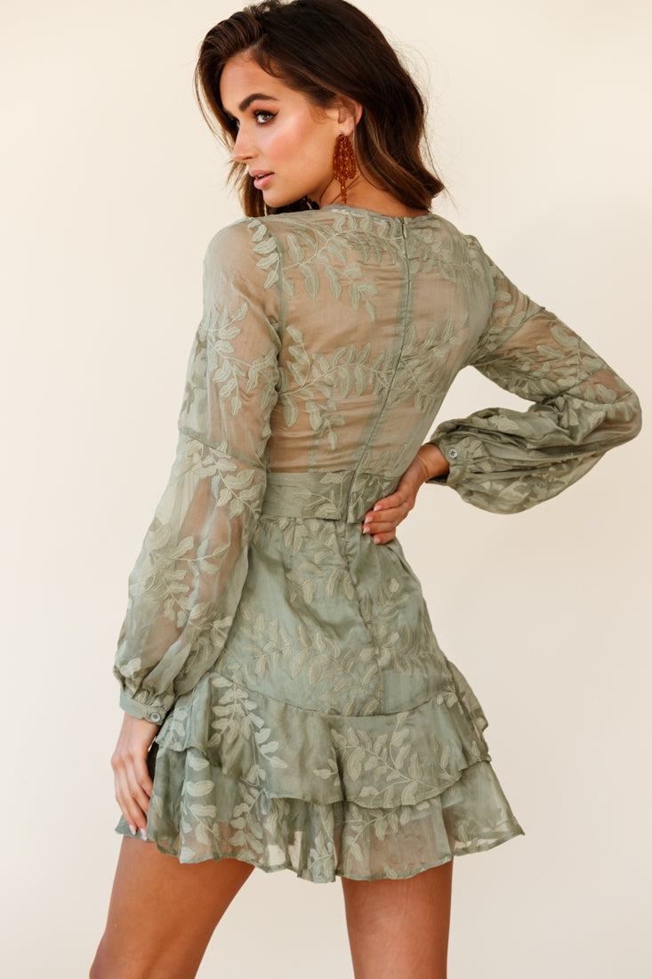 Kerry Layered Balloon Sleeve Dress Floral Embroidered Olive