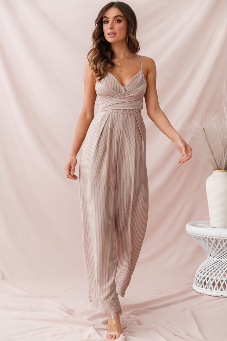 Nancy Wide Leg Pinstripe Jumpsuit Mocha