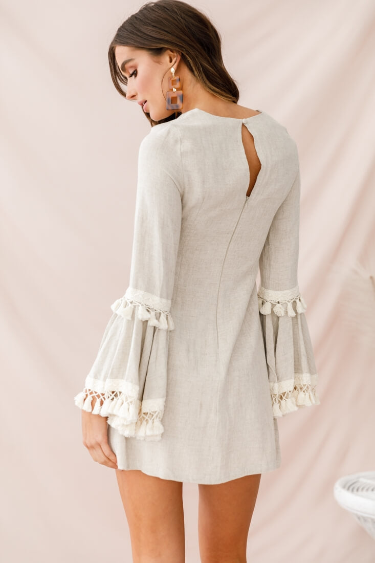 Sahara Tassel Trim Bell Sleeve Dress Beige