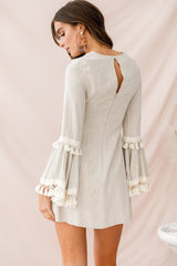 Sahara Tassel Trim Bell Sleeve Dress Beige