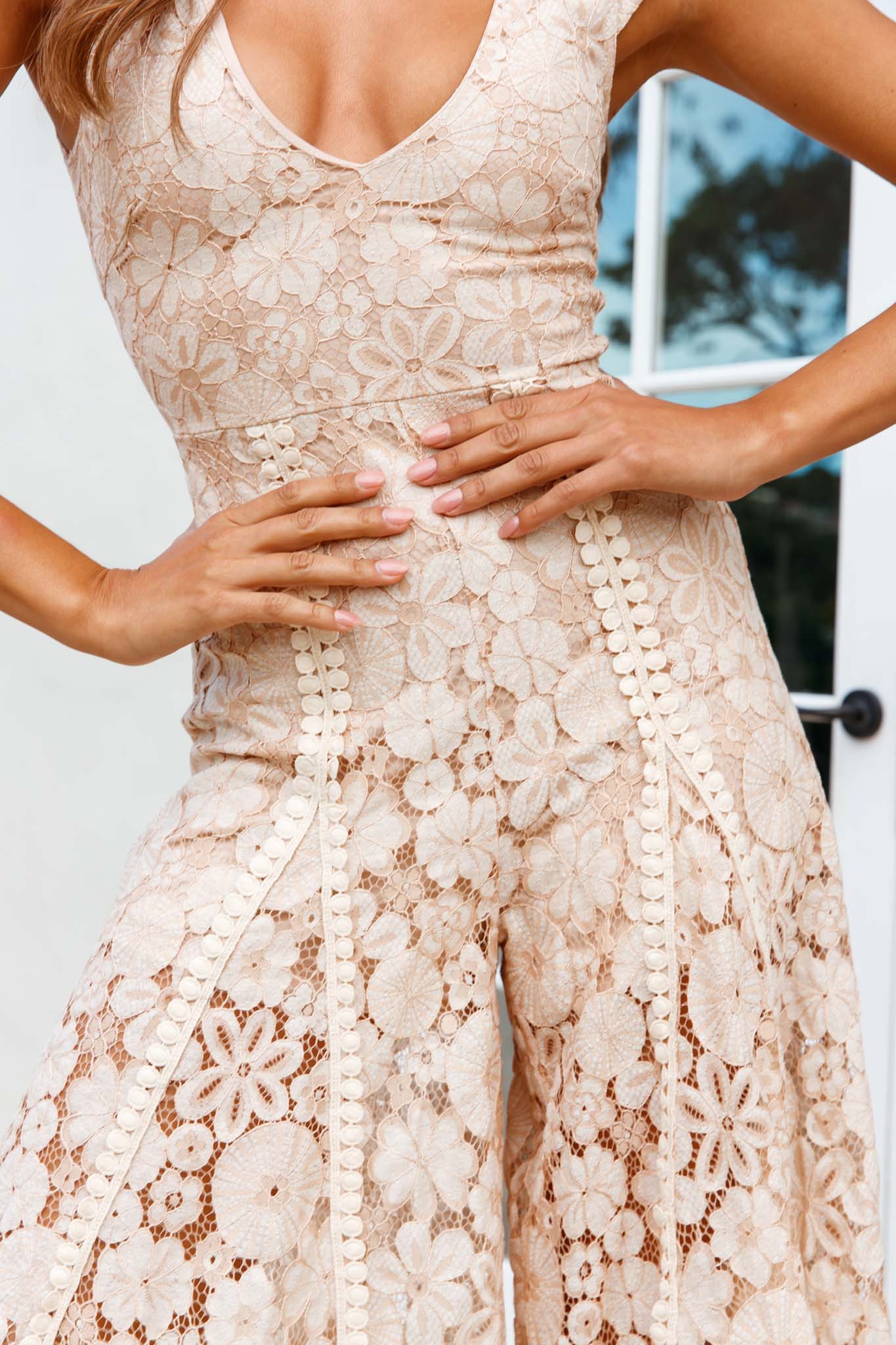 Take Note Laced-Back Frill Shoulder Lace Jumpsuit Nude