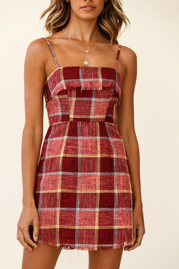 Little Miss Plaid Raw Hem Mini Dress Burgundy Multi