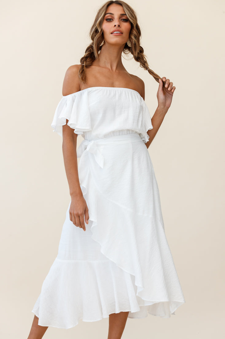 Bettina Bardot Neckline Faux-Wrap Midi Dress White