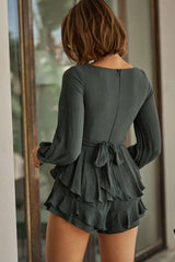 Wendy Ruched Bust Long Sleeve Ruffle Romper Green