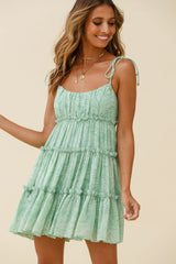 Rumi String Tie Babydoll Dress Leaf Print Green
