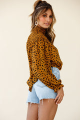 Sparrow High Neck Shirred Blouse Spot Print Brown