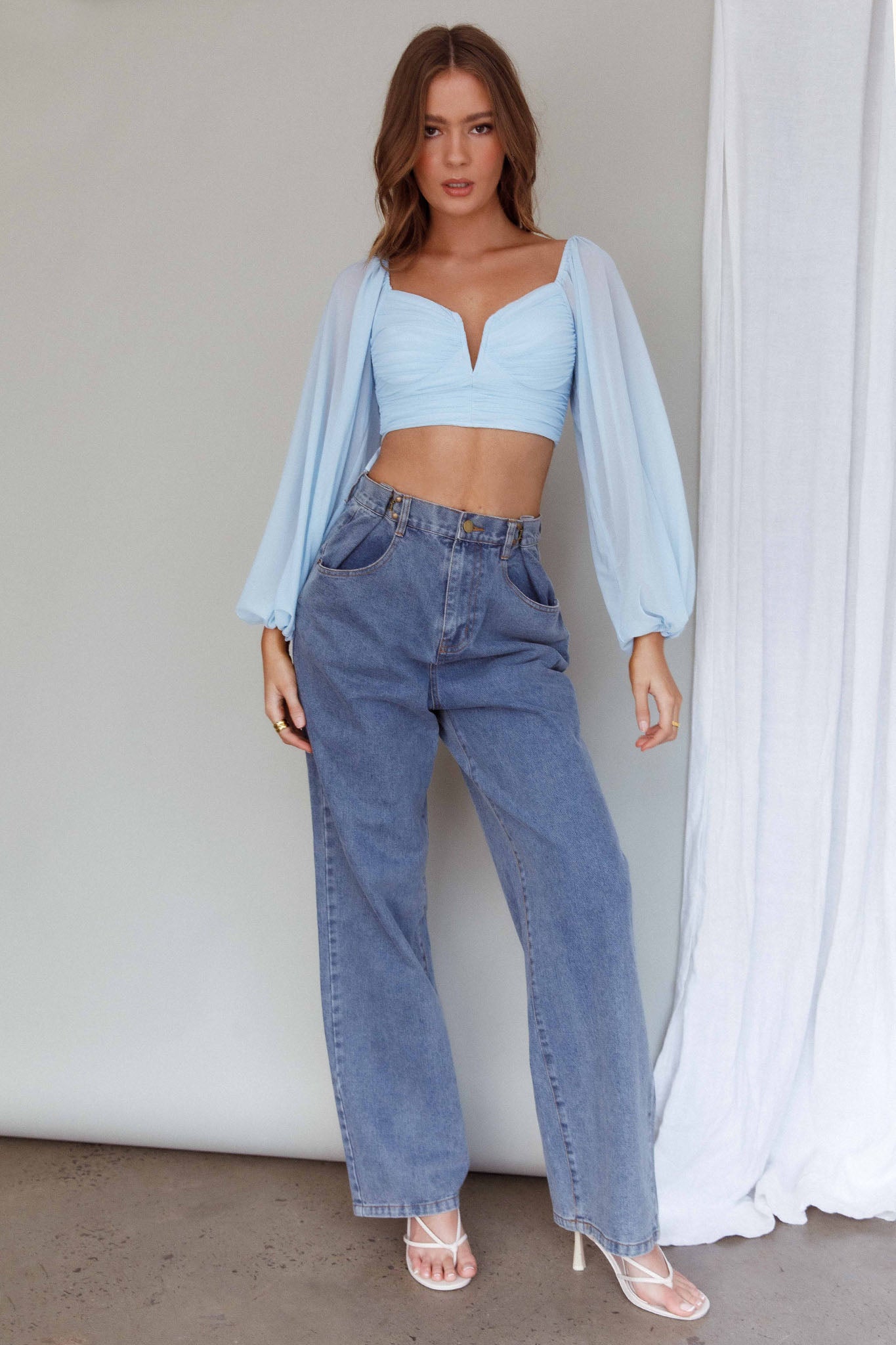 Tanner Long Sleeve Ruched Crop Top Steel Blue