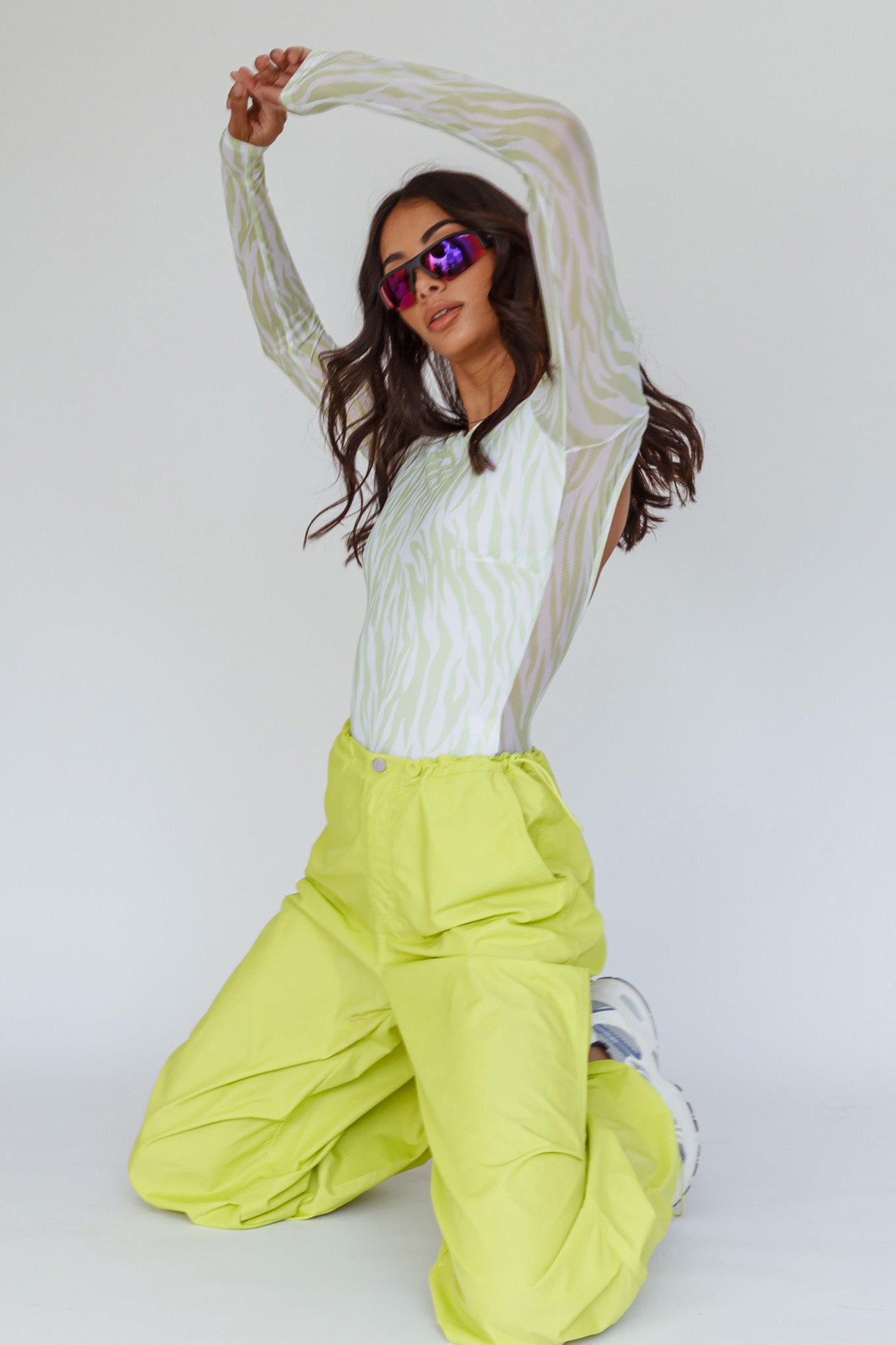 Juni Long Sleeve Low Back Mesh Bodysuit Tiger Lime