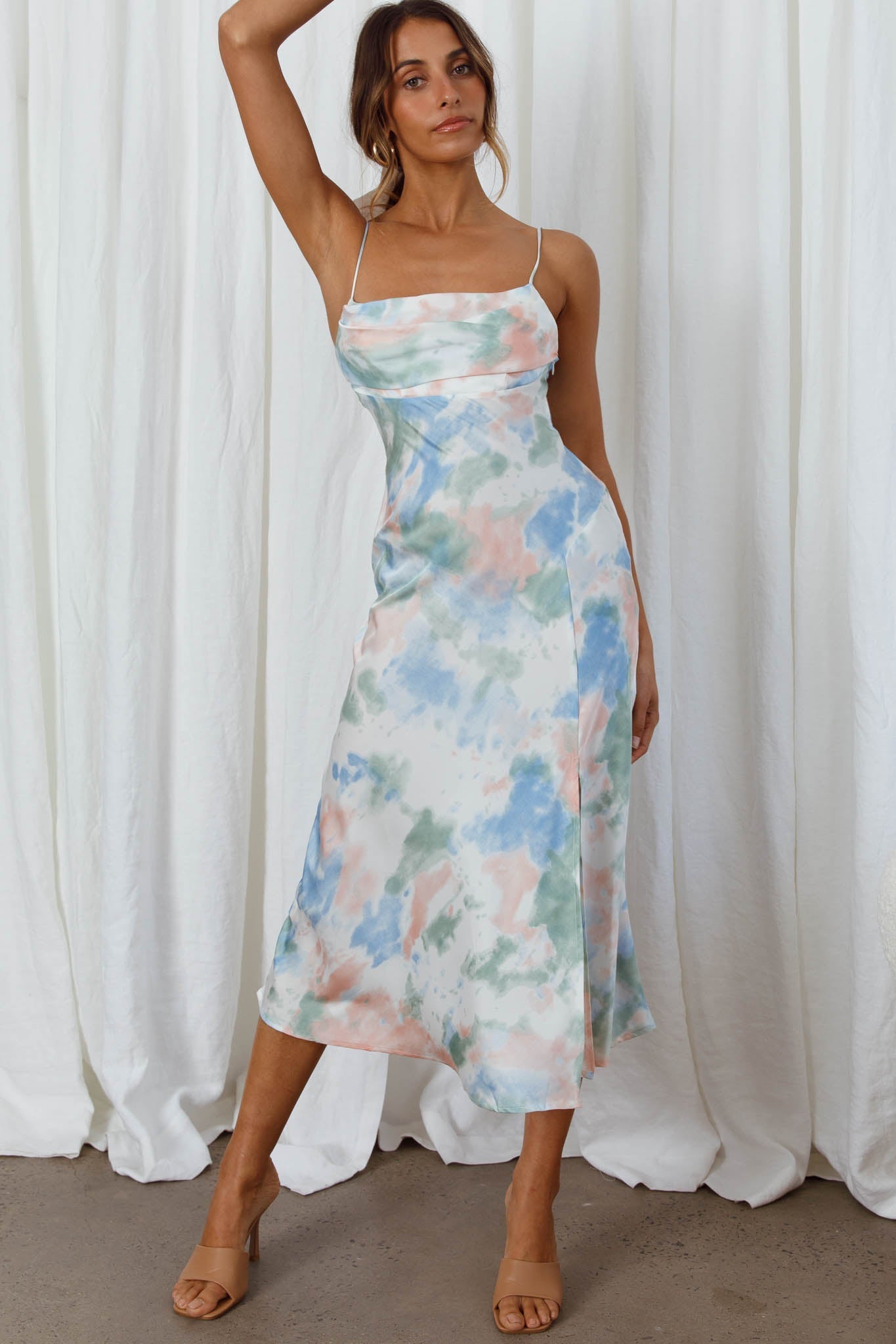 Well Versed Pleated Bust Front Split Dress Watercolor Green