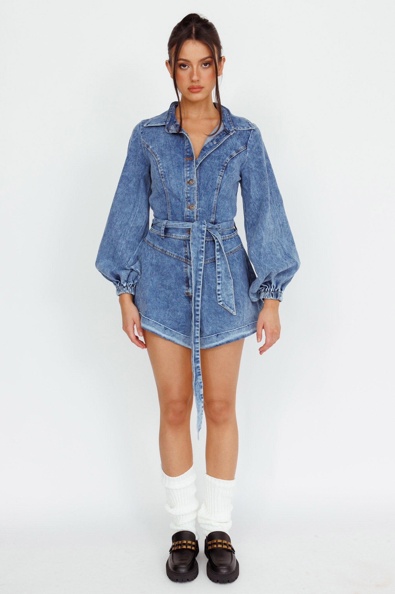 New Day Long Sleeve Button-Up Romper Denim