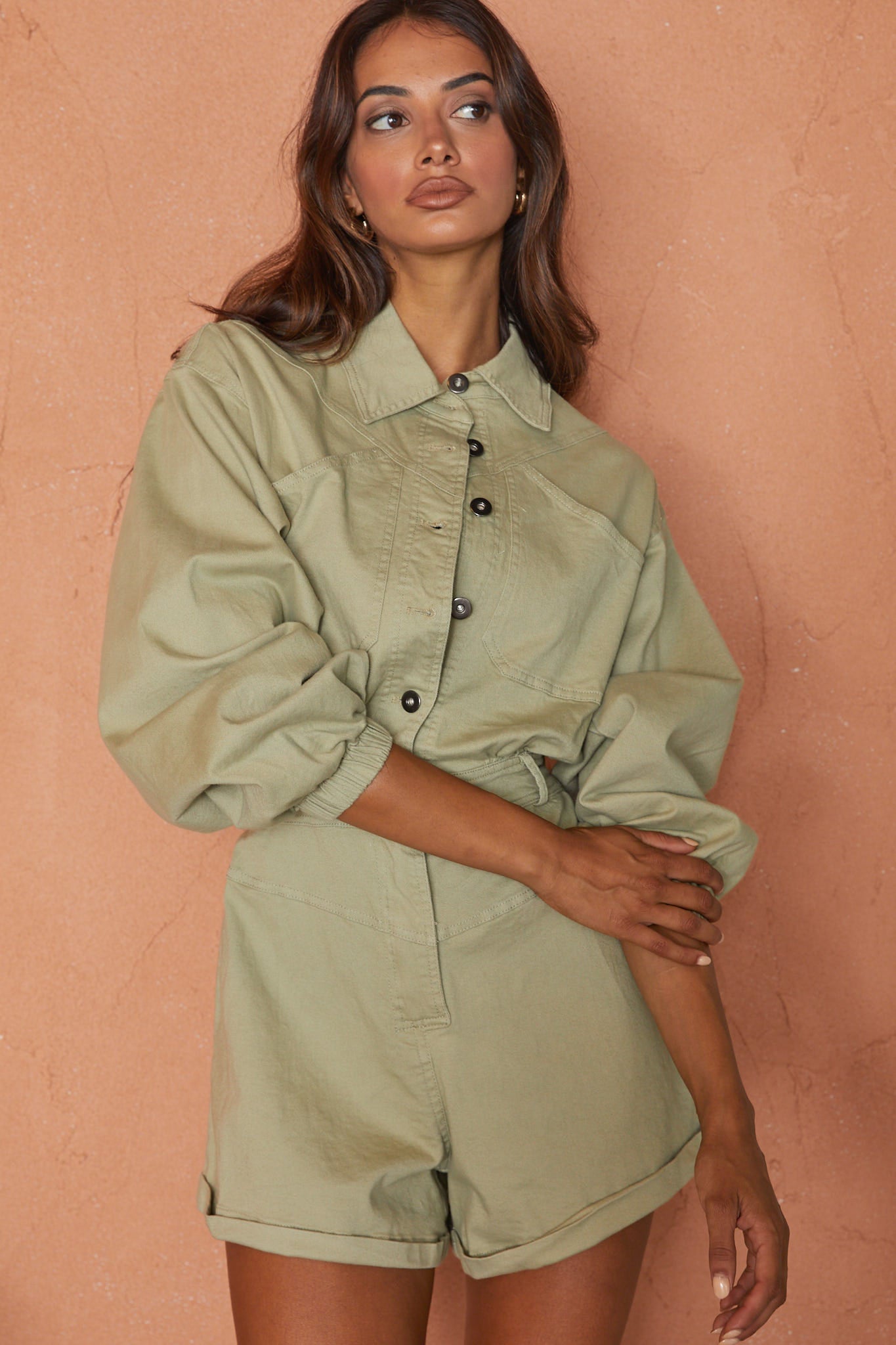 New Day Long Sleeve Button-Up Romper Sage