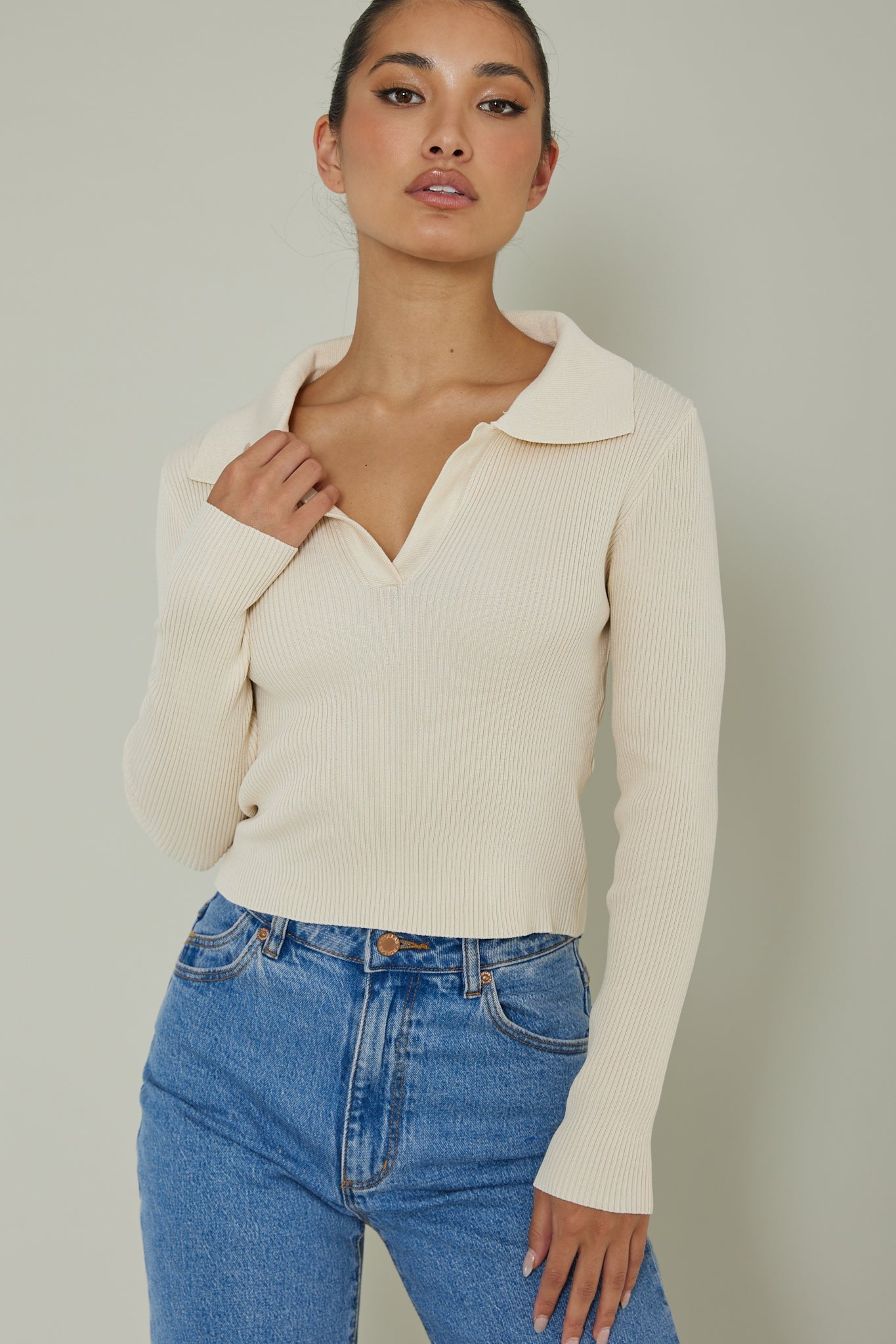 Lake Days Collared Knit Top Cream