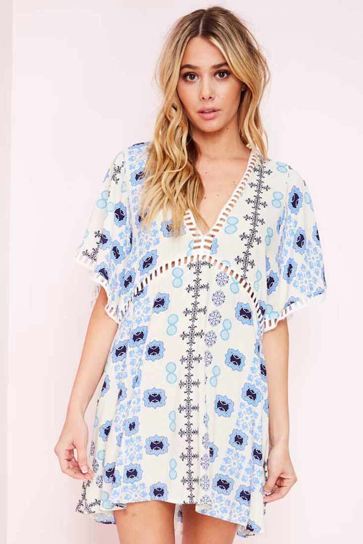 Yaritza Eyelit Mixed Print Dress Blue