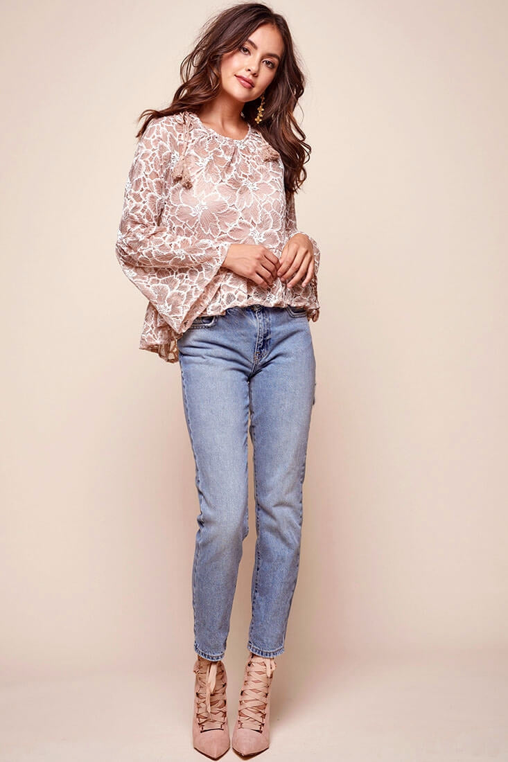 Neiah Sheer Lace Bell Sleeved Top Mocha