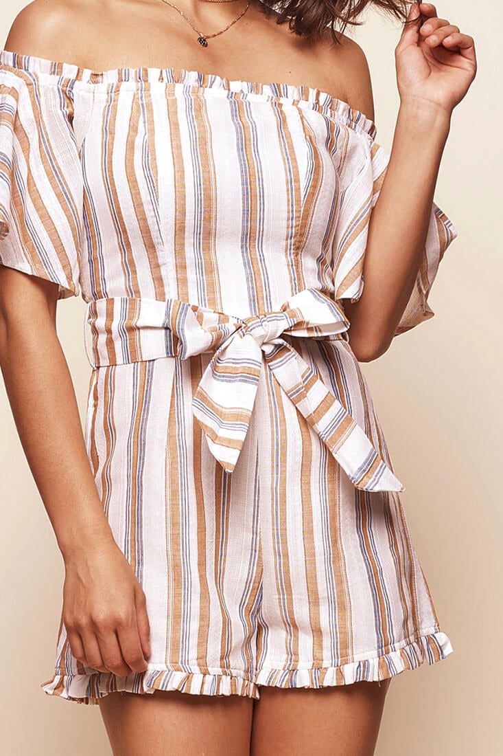 Terri Bardot Neckline Waist Tie Romper Blue/Tan