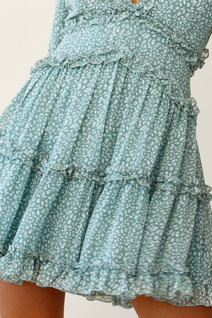 Laney Cutout Back Balloon Sleeve Dress Speckle Print Olive
