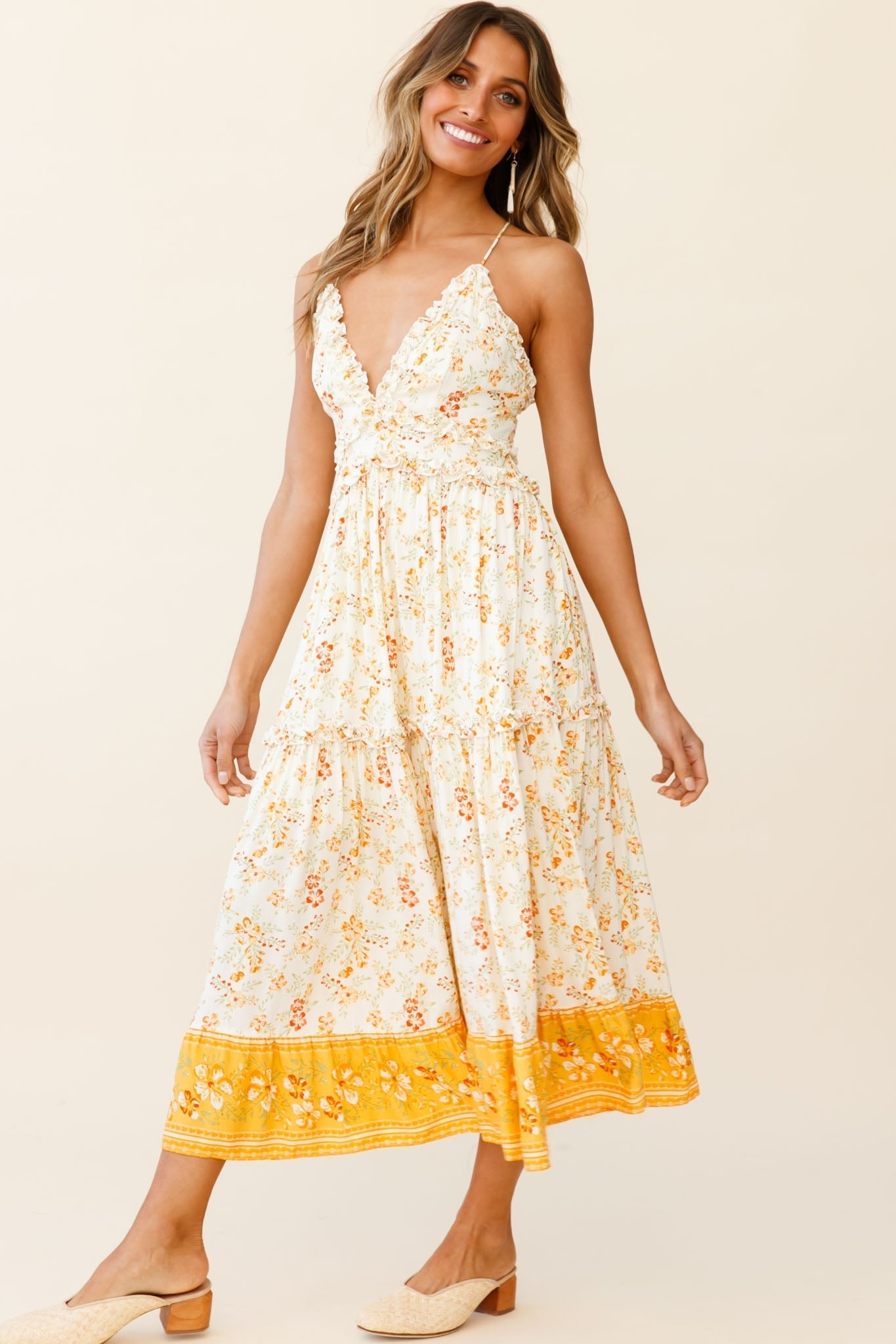 Laney Low Back Cami Strap Midi Dress Hibiscus Print Mustard