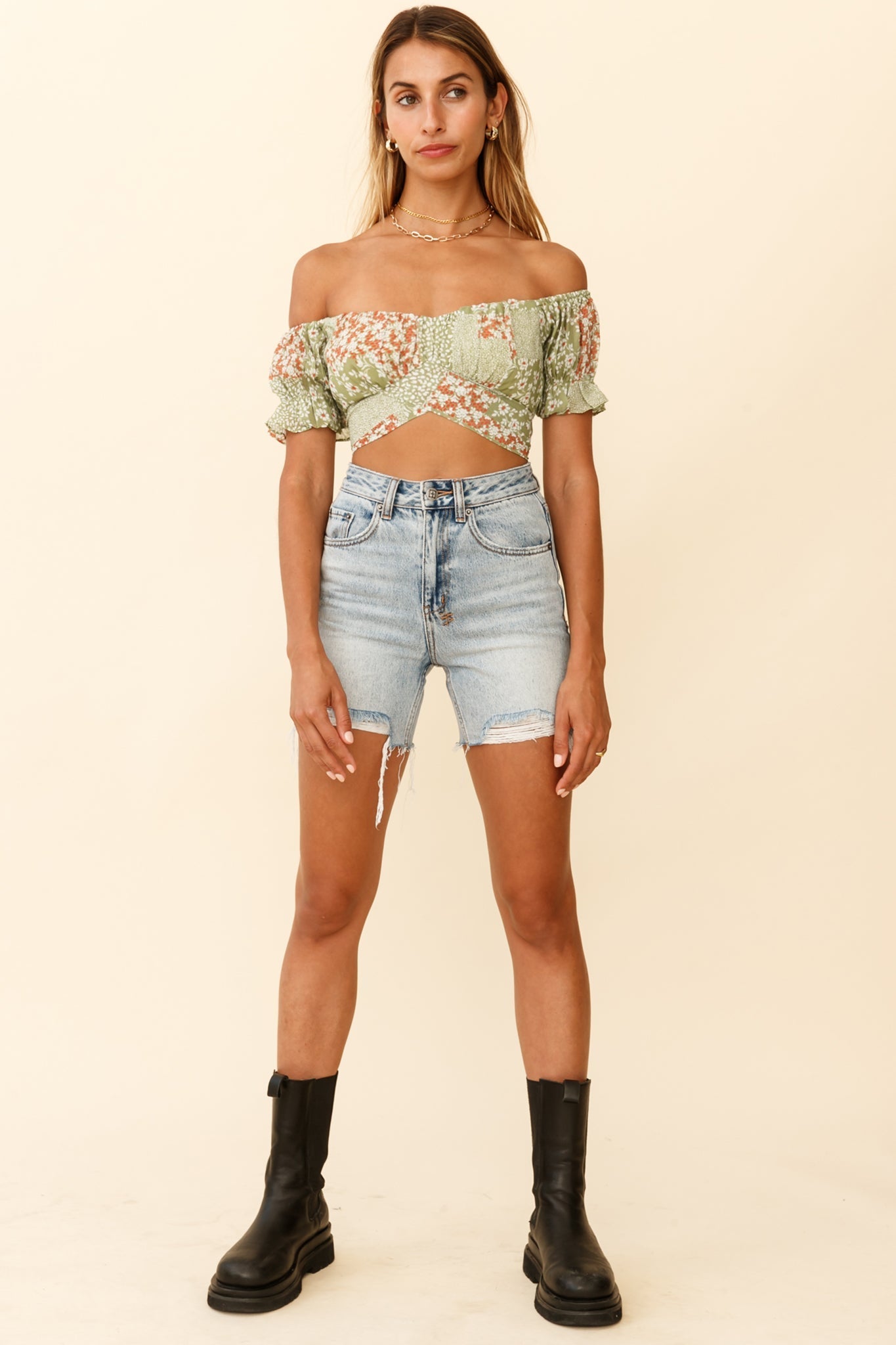 Linka Off-Shoulder Tie-Back Crop Top Mini Flower Print Green