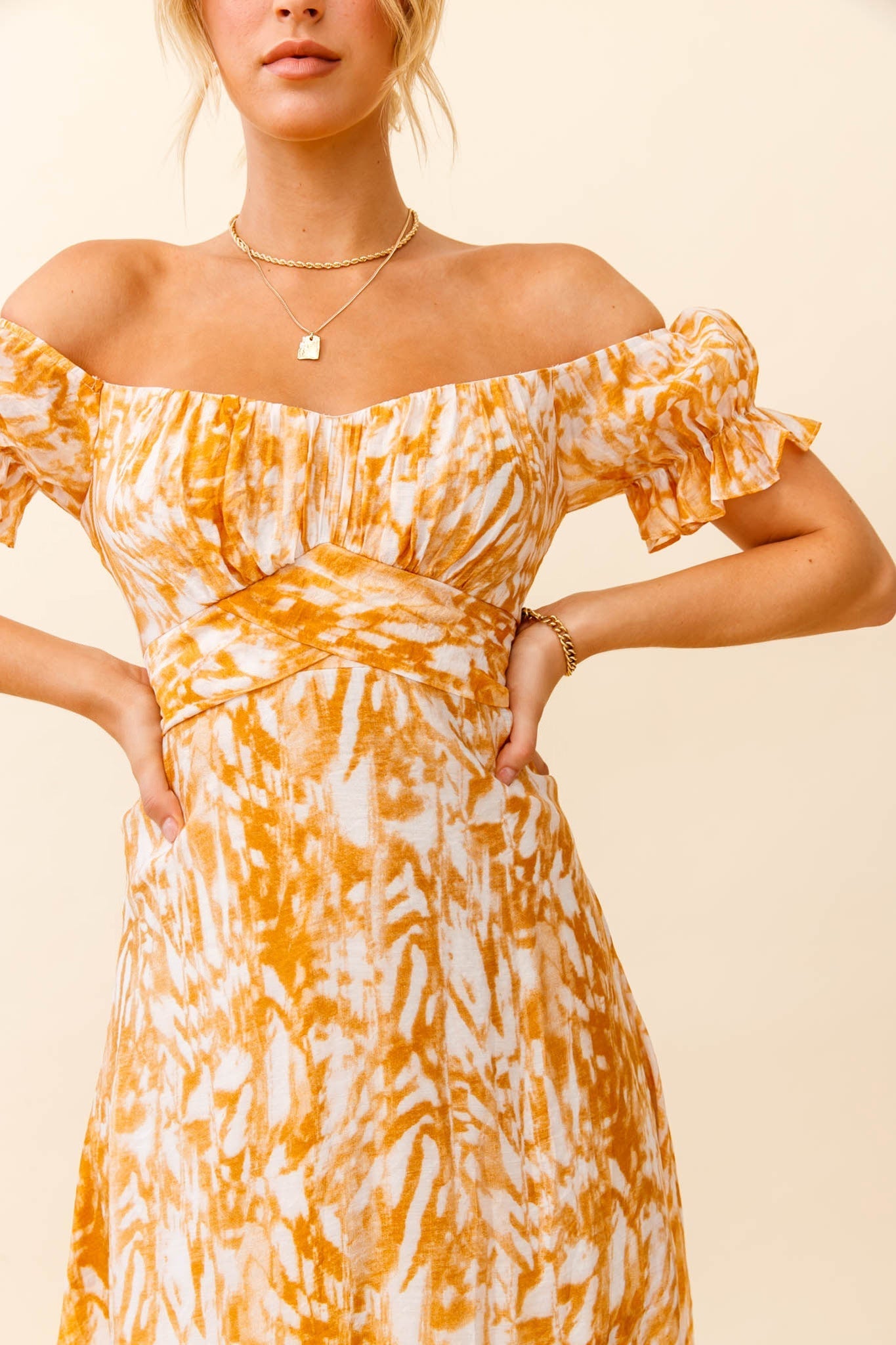 Linka Off-Shoulder Tie Back Midi Dress Printed Orange