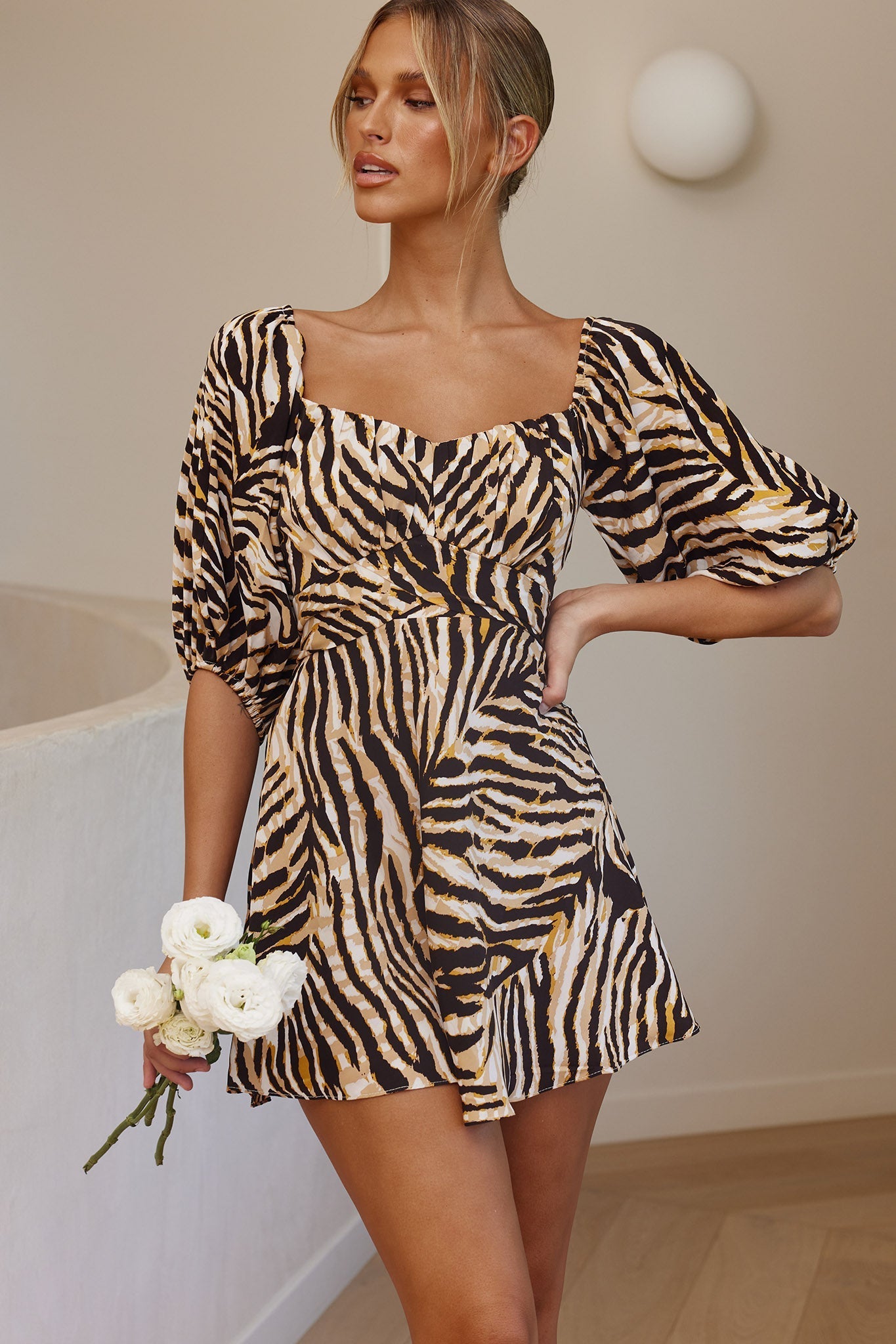 Linka On-Or-Off Shoulder Half Sleeve Tie-Back Dress Tiger Tan