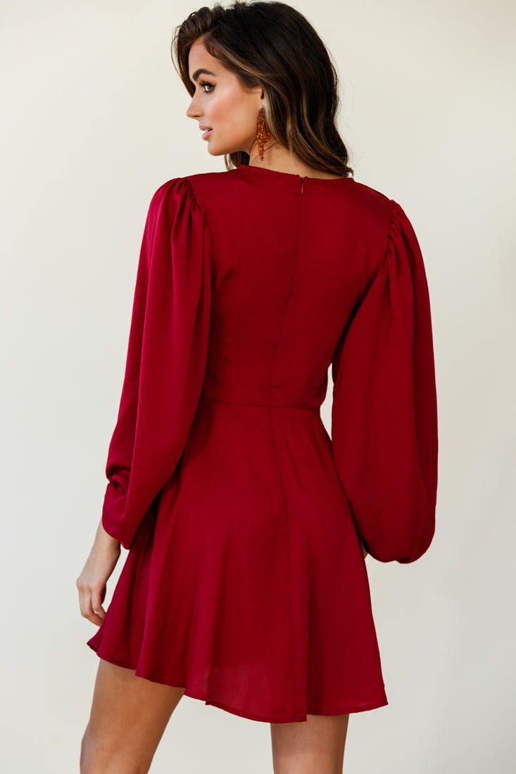 Madison Bow Tie Bust Balloon Sleeve Dress Wine