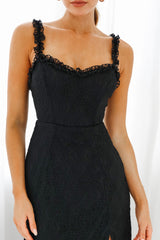 Isadora Mesh Overlay Frill Trim Neckline Midi Dress Black