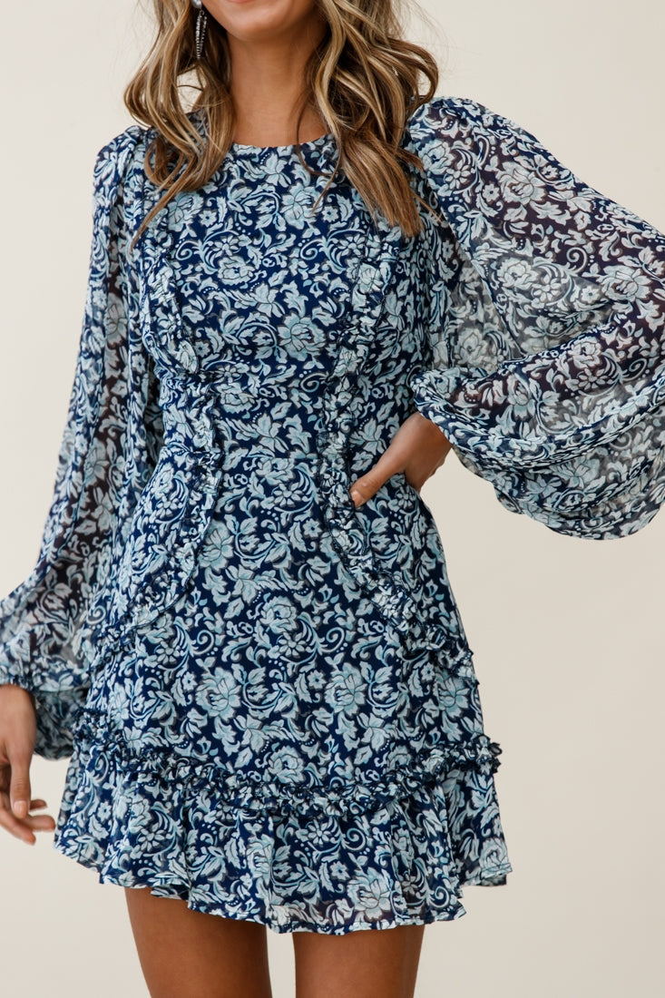 Mirabelle Long Balloon Sleeve Ruffle Hem Dress Floral Print Navy