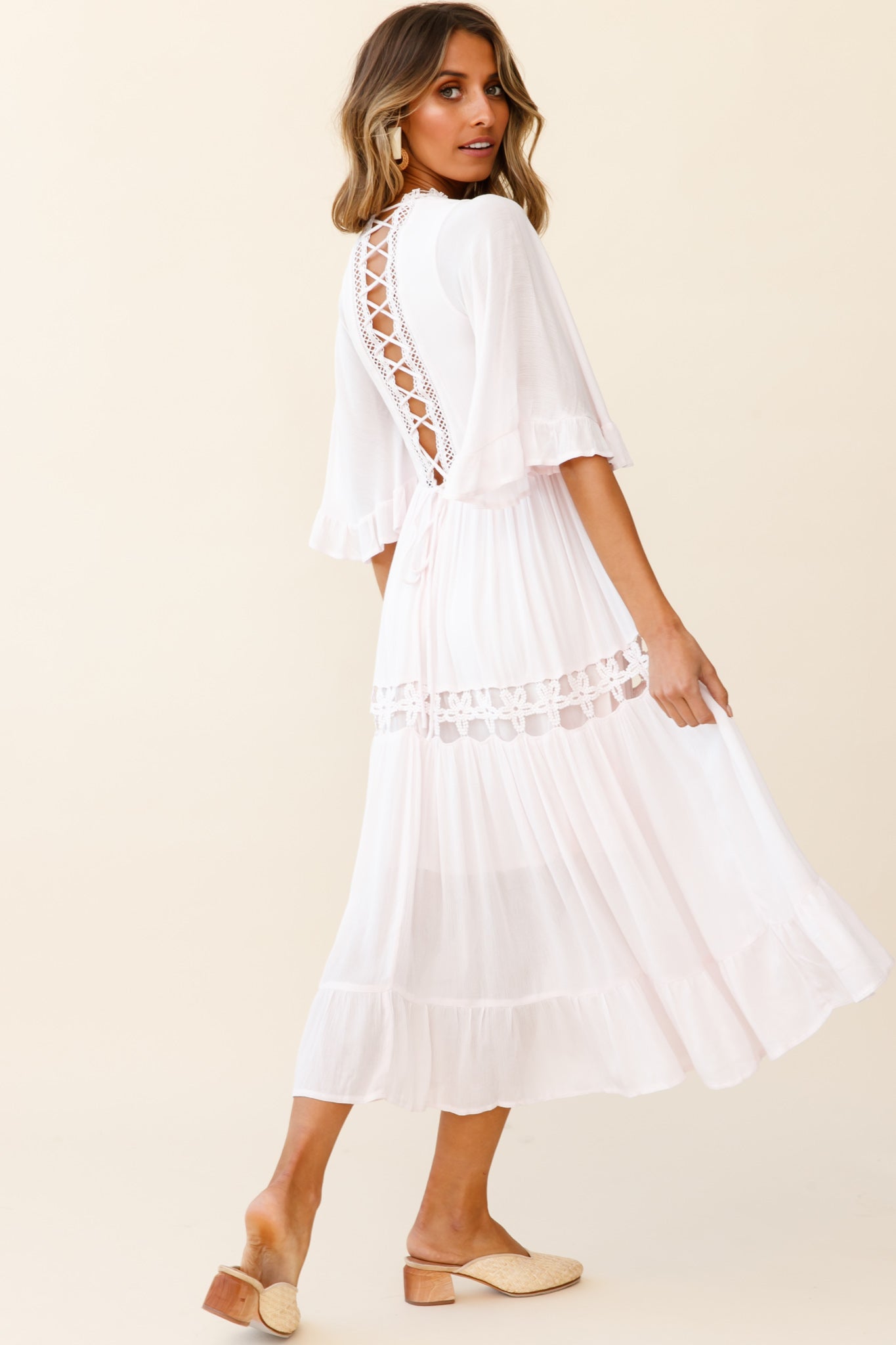 Feeling Groovy Bell Sleeve Crochet Trim Maxi Dress Pink
