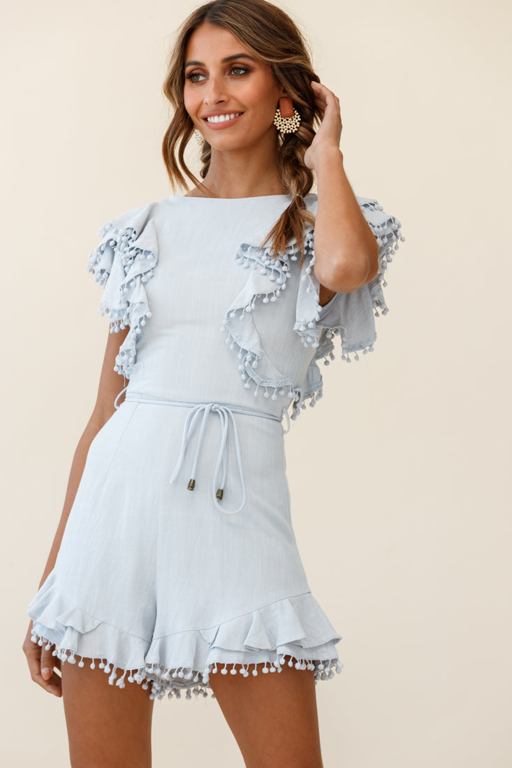 Must Be Nice Frill Shoulder Circle Trim Romper Steel Blue