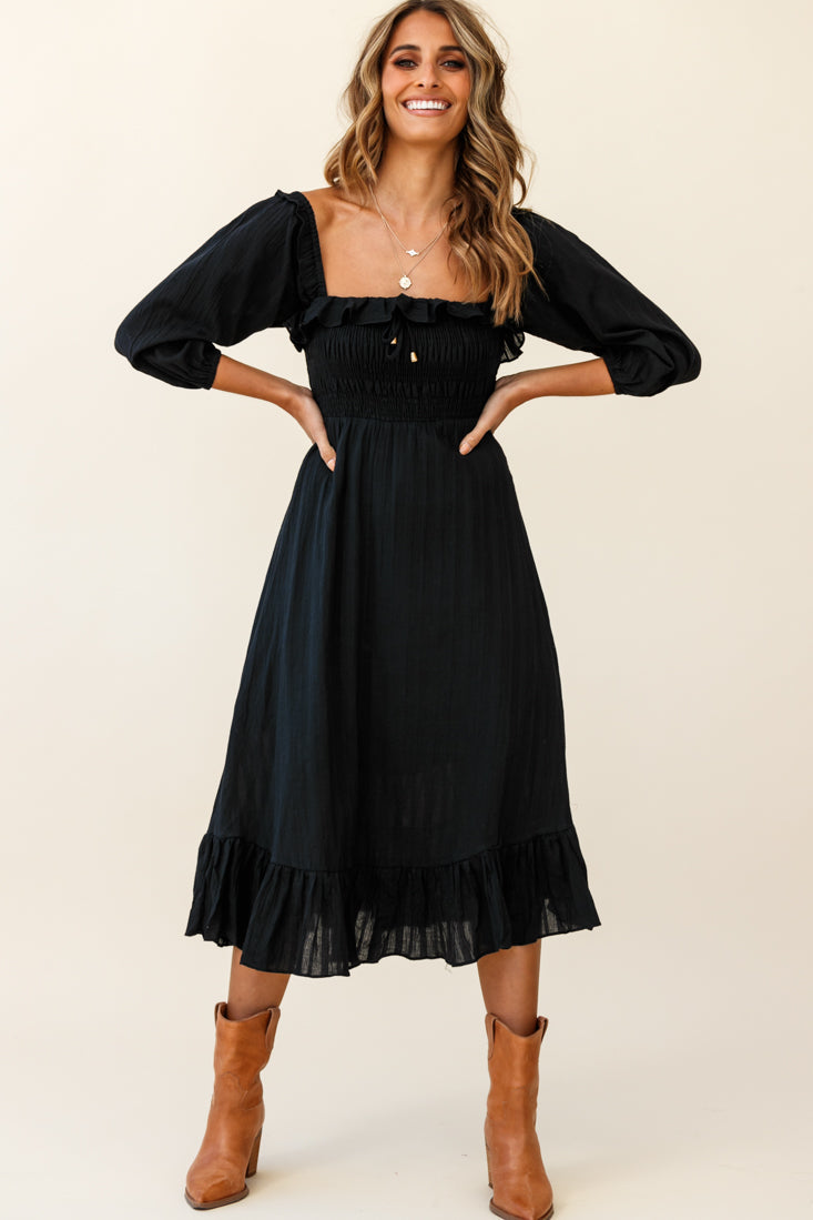 Flynn Off-Shoulder Shirred Bust Midi Dress Black