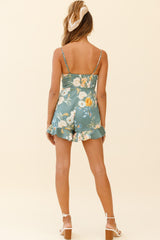 Janie Ruched Bust Ruffle Hem Romper Floral Print Sage