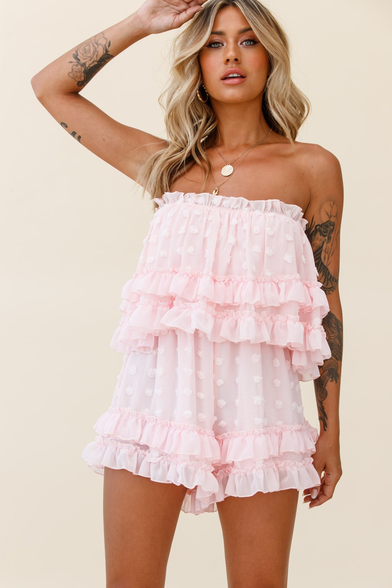 Memories Tiered Bust Frill Trim Romper Pink