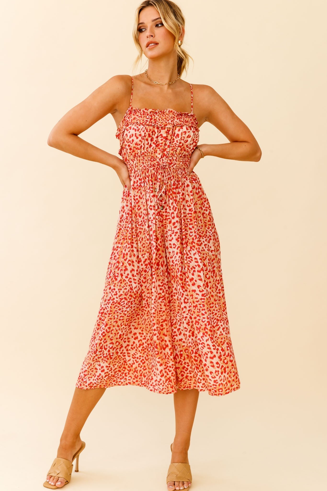 Weekend Escape Cami Strap Drawstring Jumpsuit Animal Print Orange