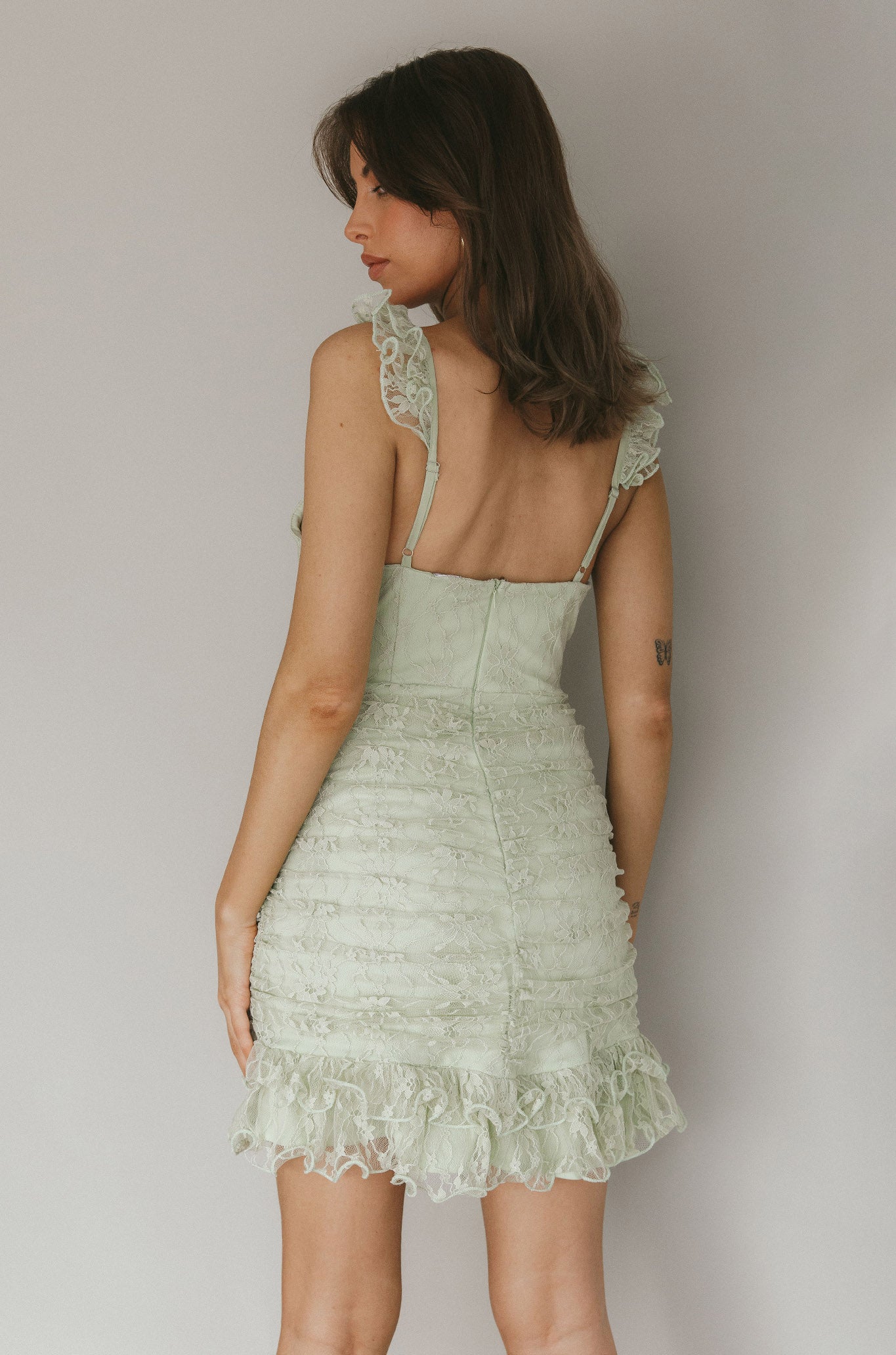 Kaley Ruched Side Layered Frill Hem Lace Mini Dress Sage