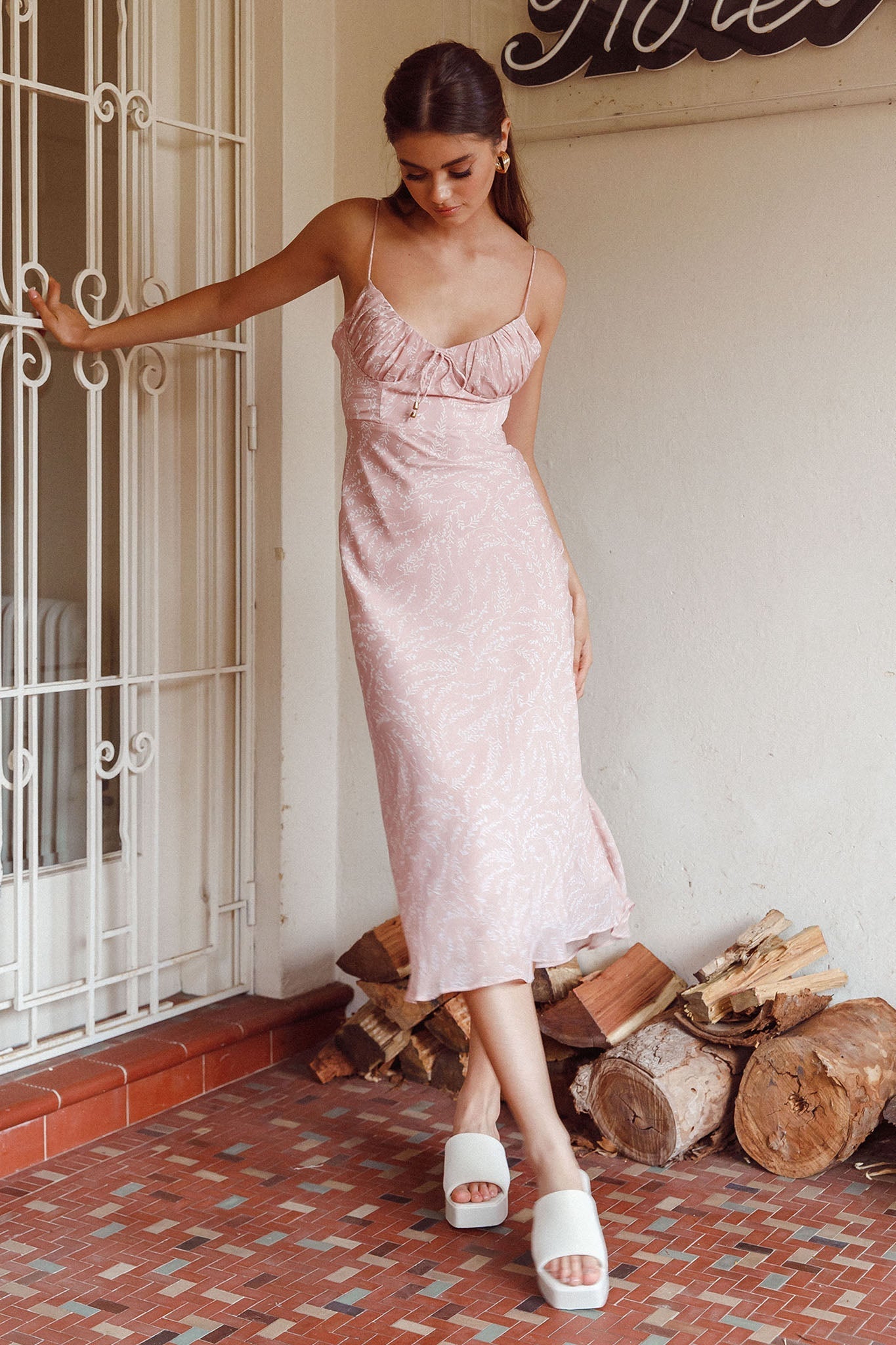 Malibu Gathered Bust Cami Strap Midi Dress Spring Pink