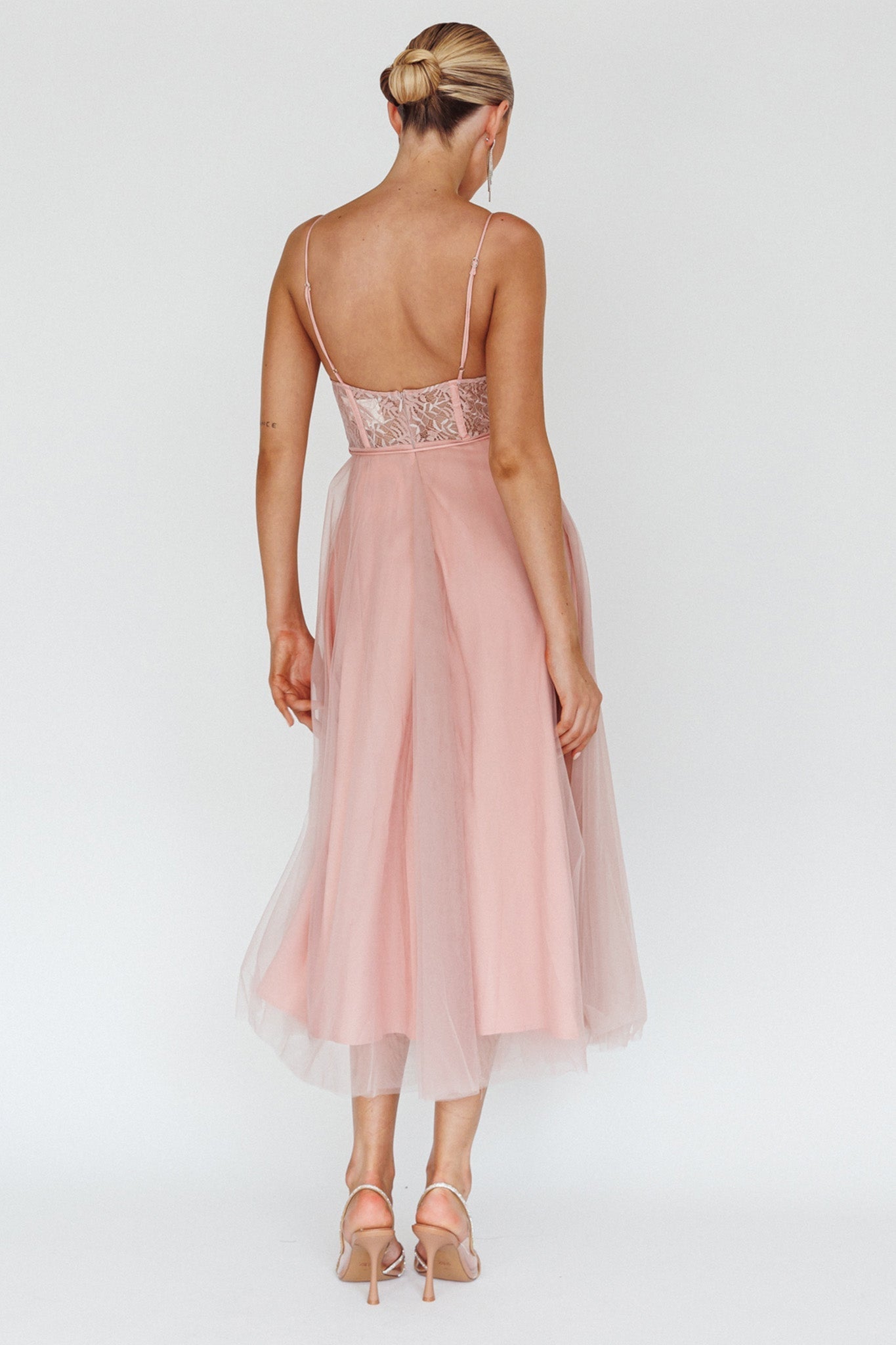 Trophy Lace Bodice Mesh Midi Dress Blush