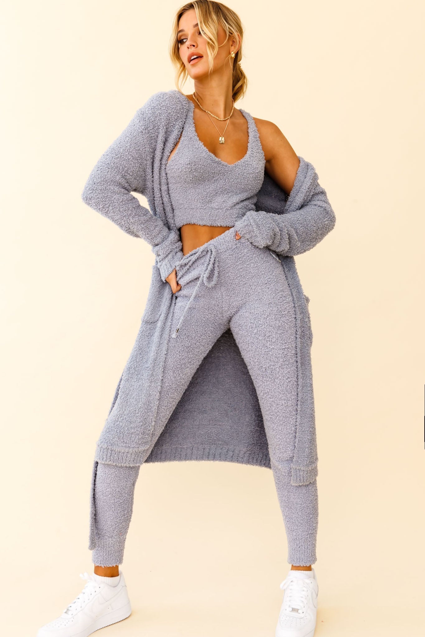 My Girl Fuzzy Knit Jogger Pants Steel Blue