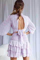 Whisked Away Balloon Sleeve Open Back Crop Top Floral Print Lilac