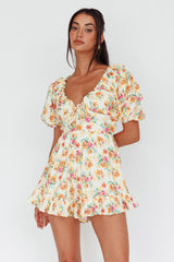 Costa Rica Puff Sleeve Romper Floral Beige