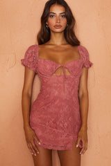 Norma Jean Puff Sleeve Cut-Out Bust Lace Mini Dress Rose