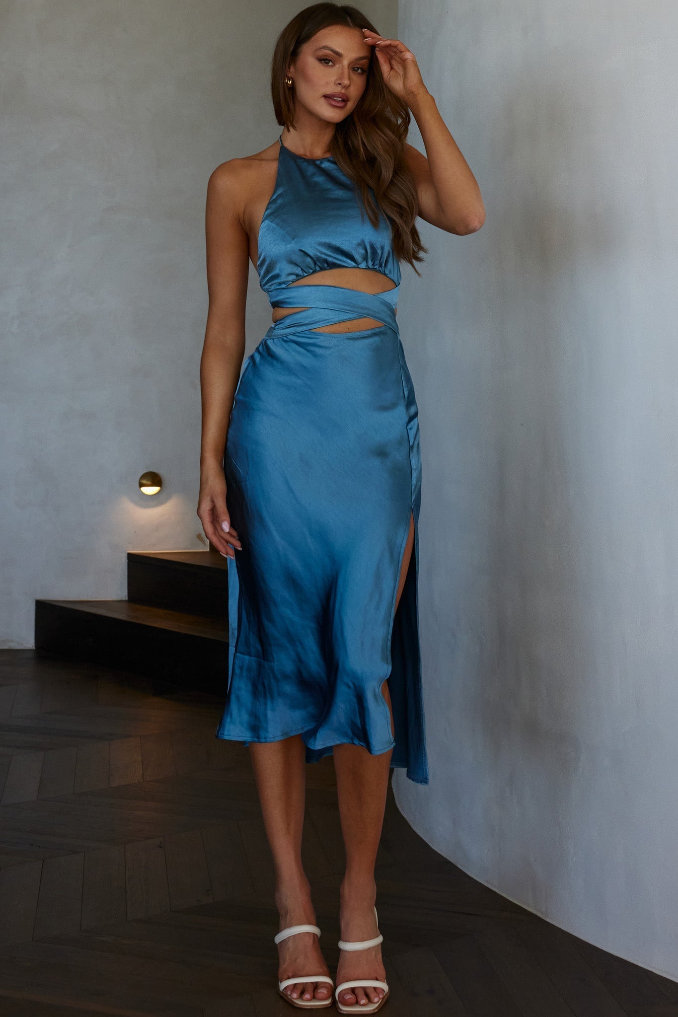 Social Butterfly Cut-Out Waist Midi Dress Midnight Blue