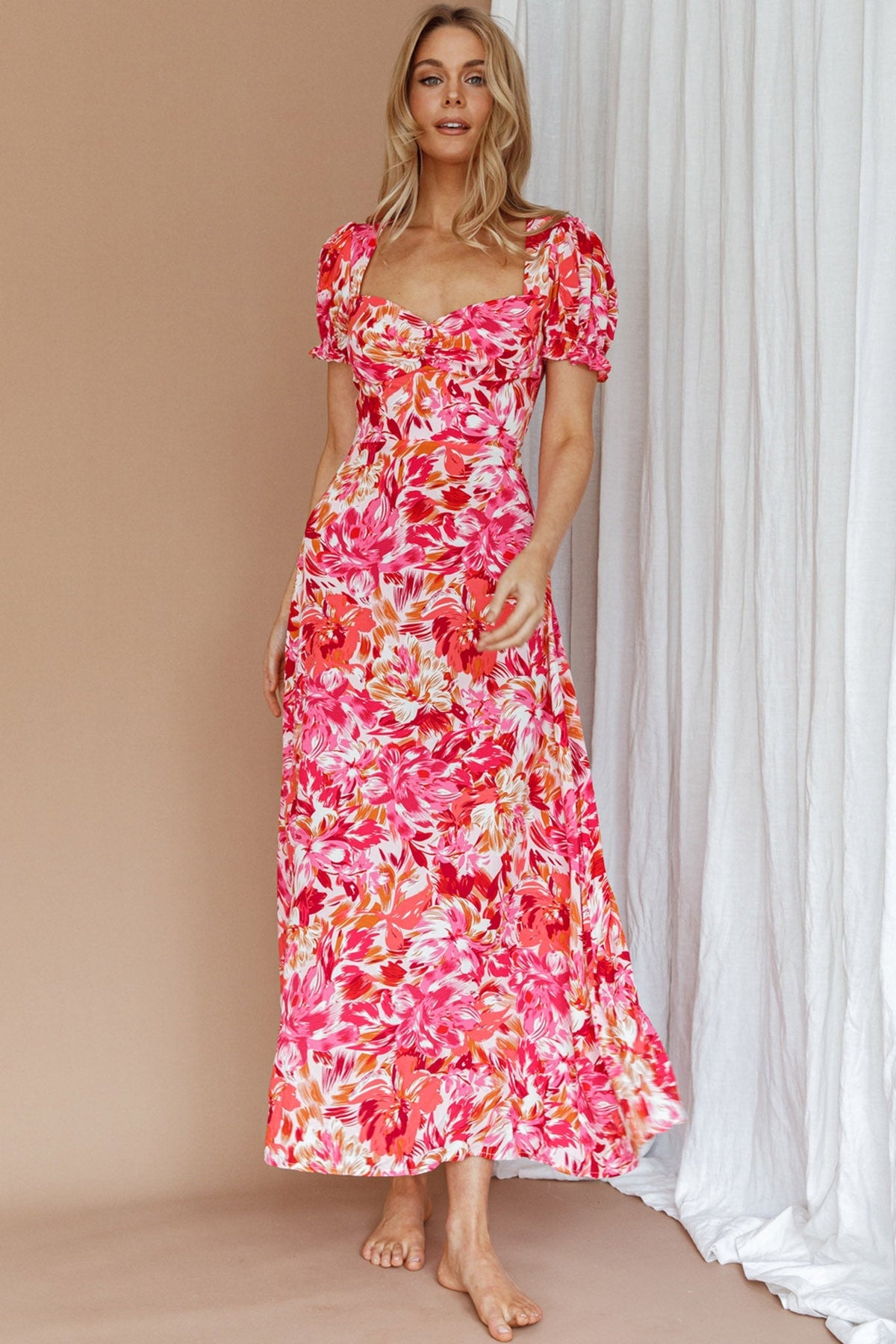 Montebello Puff Sleeve Maxi Dress Floral Pink/Orange