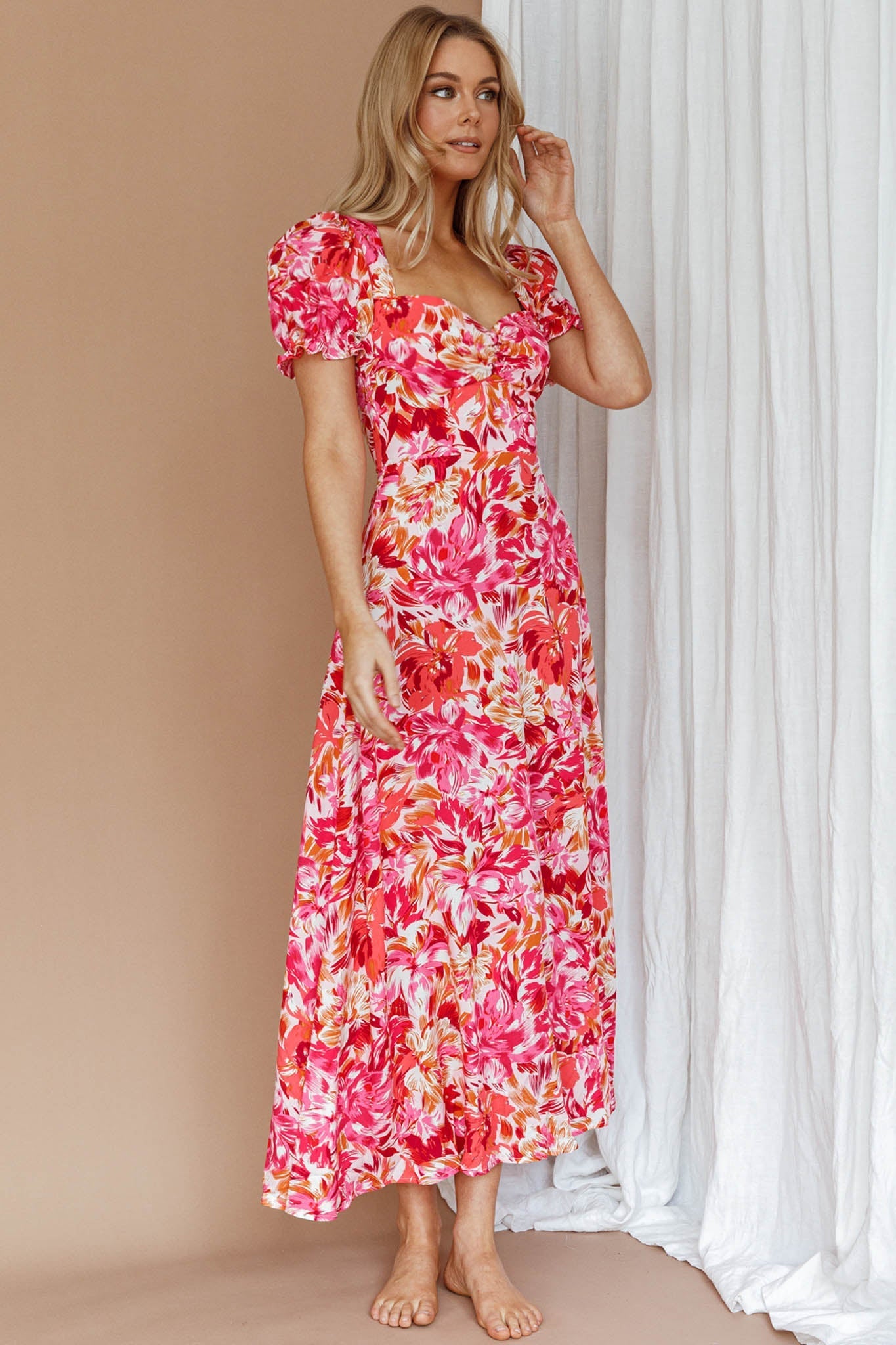 Montebello Puff Sleeve Maxi Dress Floral Pink/Orange