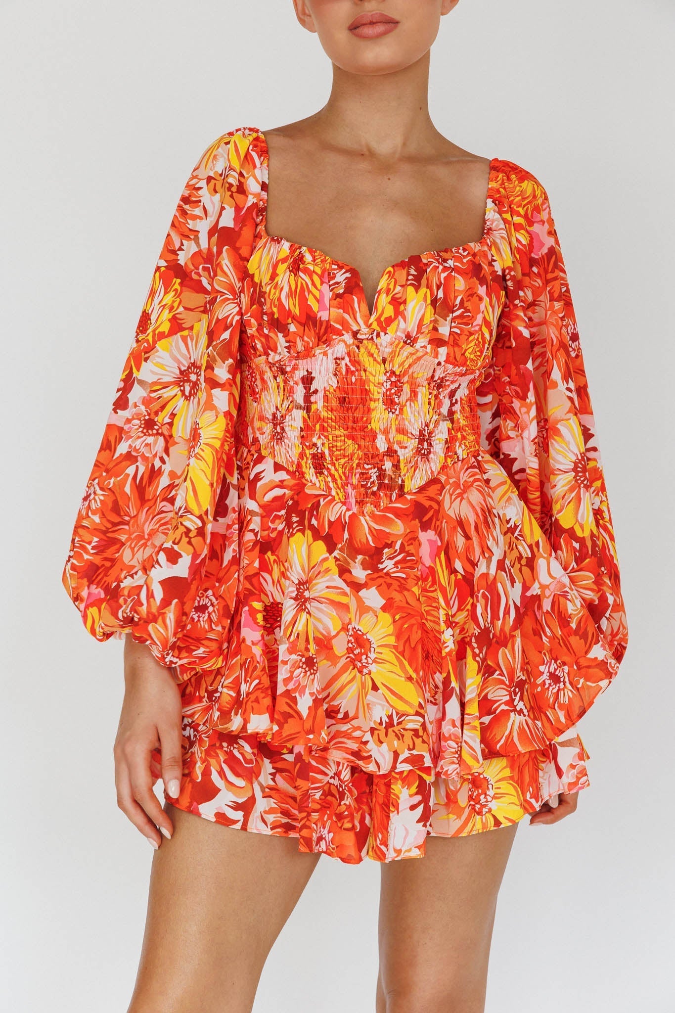 Evanice Shirred Waist Romper Floral Yellow