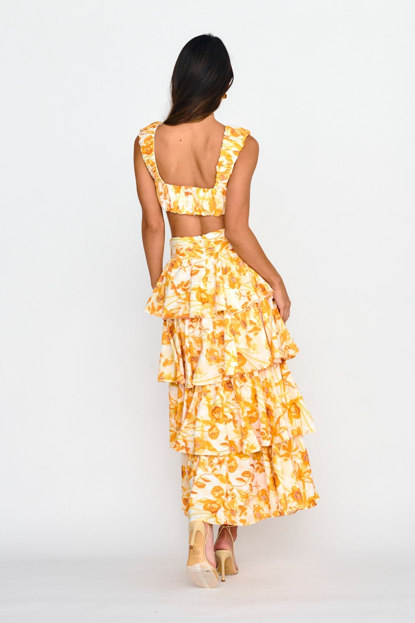 Suenito Gathered Crop Top Floral Orange